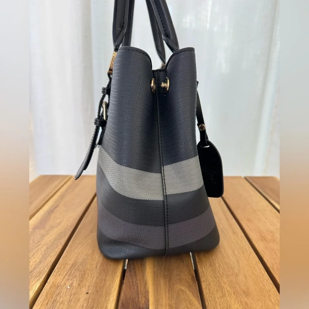 Burberry Check Tote Purse Black Gray Nova Check Berry Red Leather Trim